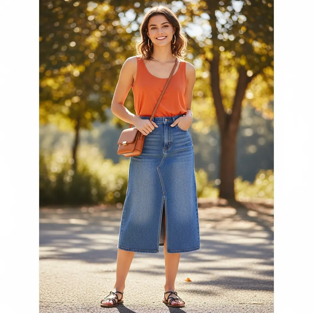 Orange-Top-Styled-With-A-Denim-Skirt