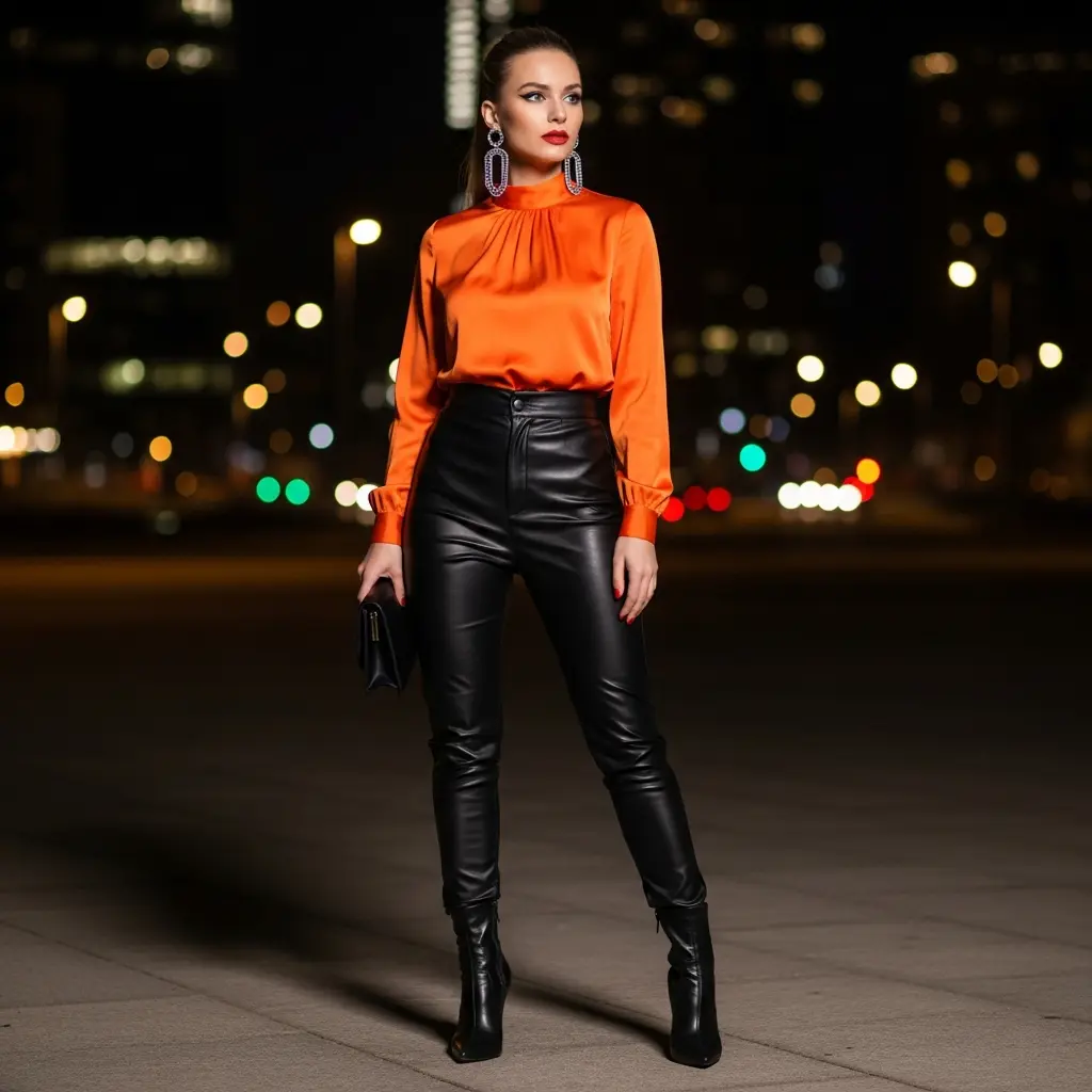 Orange-Top-With-Leather-Or-Faux-Leather-Bottoms