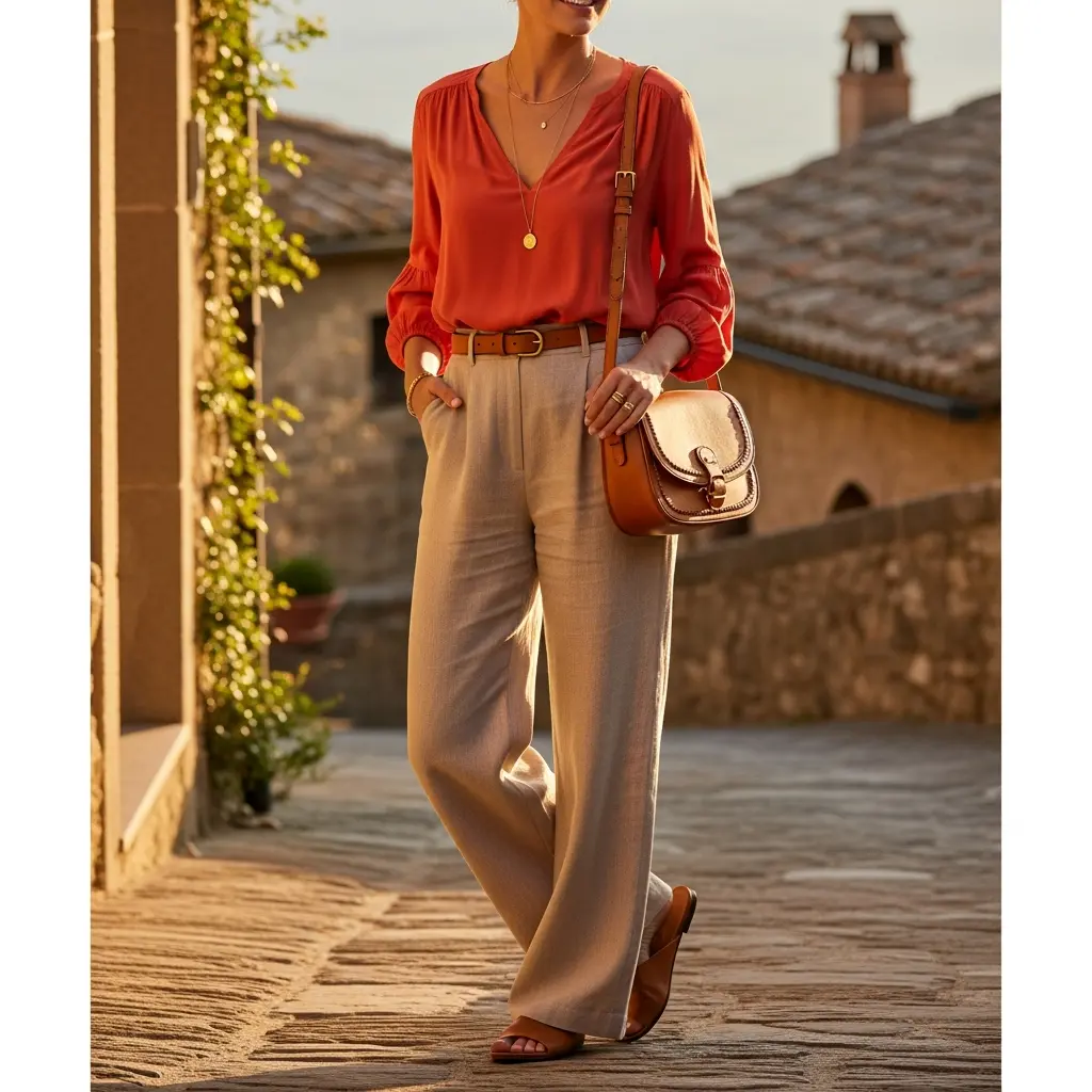 Orange-Top-With-Neutral-Beige-Or-Tan-Bottom