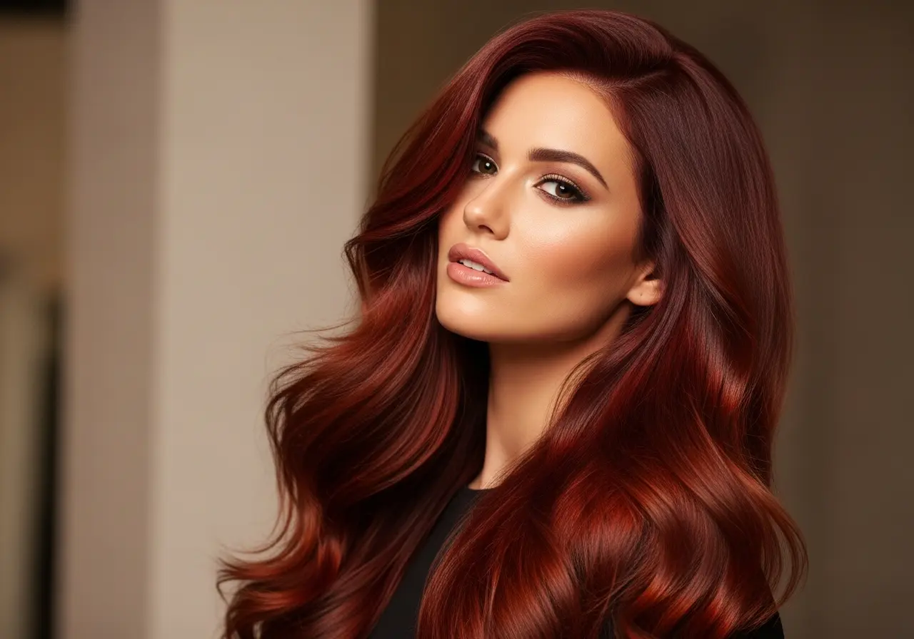 Portrait of a woman with deep auburn hair color