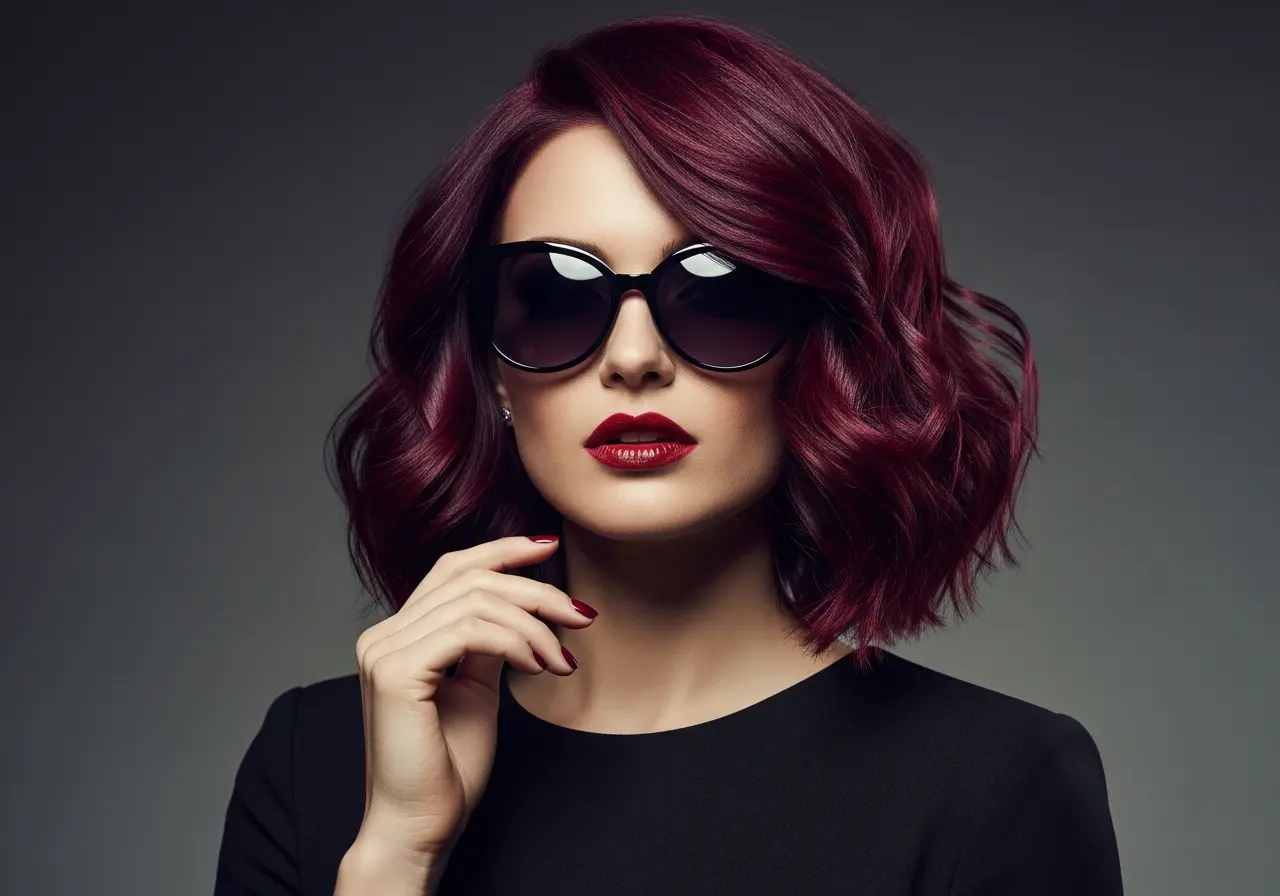 Portrait of a woman with deep burgundy wine-colored hair