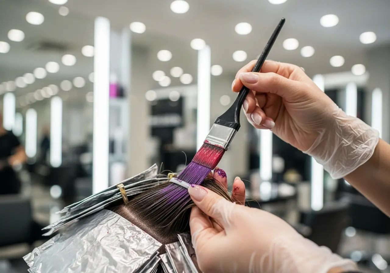 Professional hair salon scene showing a colorist applying hair color to a client