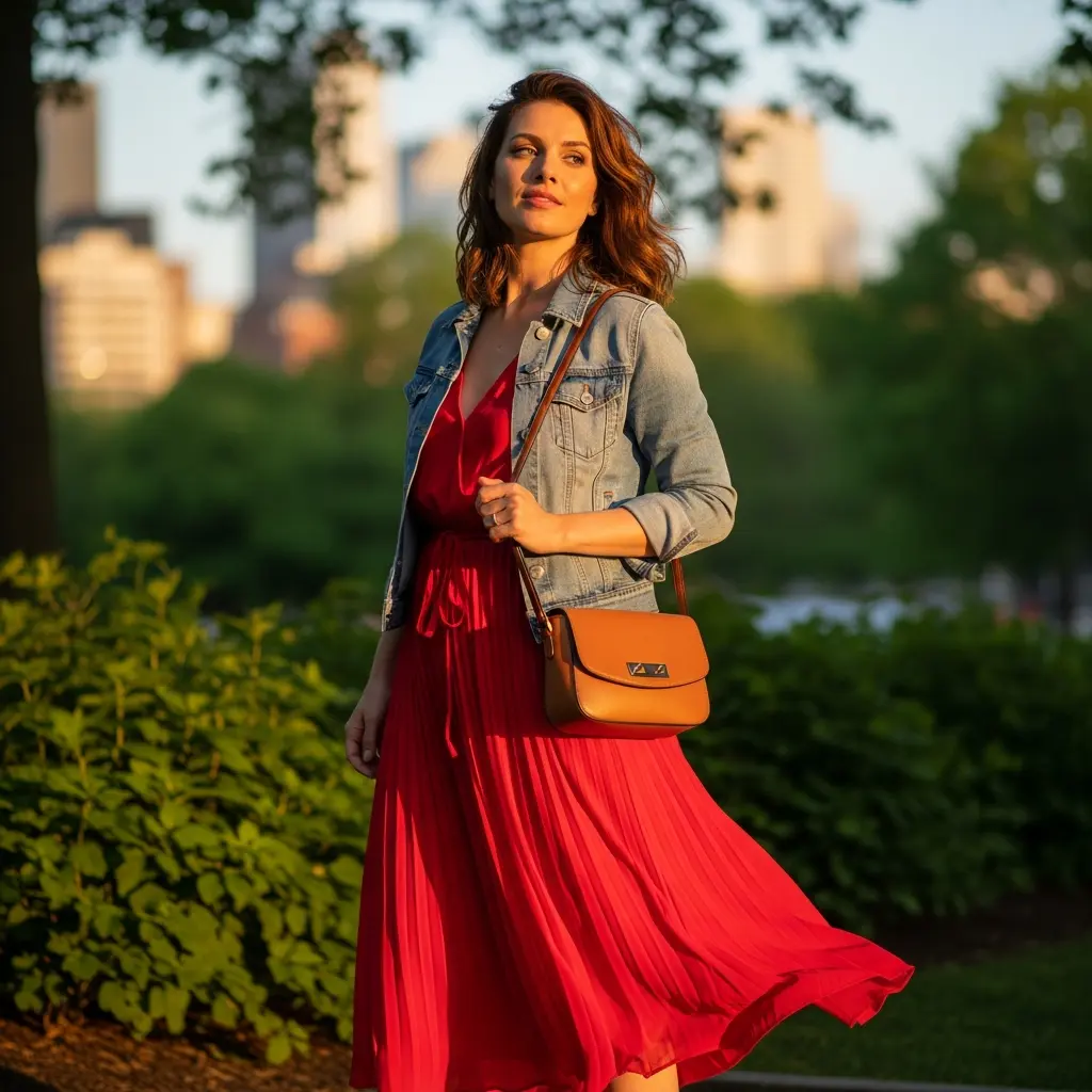  Red-Midi-Dress-Styled-with-Denim-Jacket