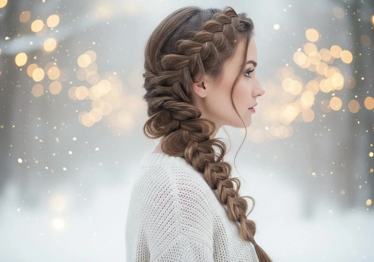 Romantic side view of woman with waterfall braid, hair cascading through braid sections