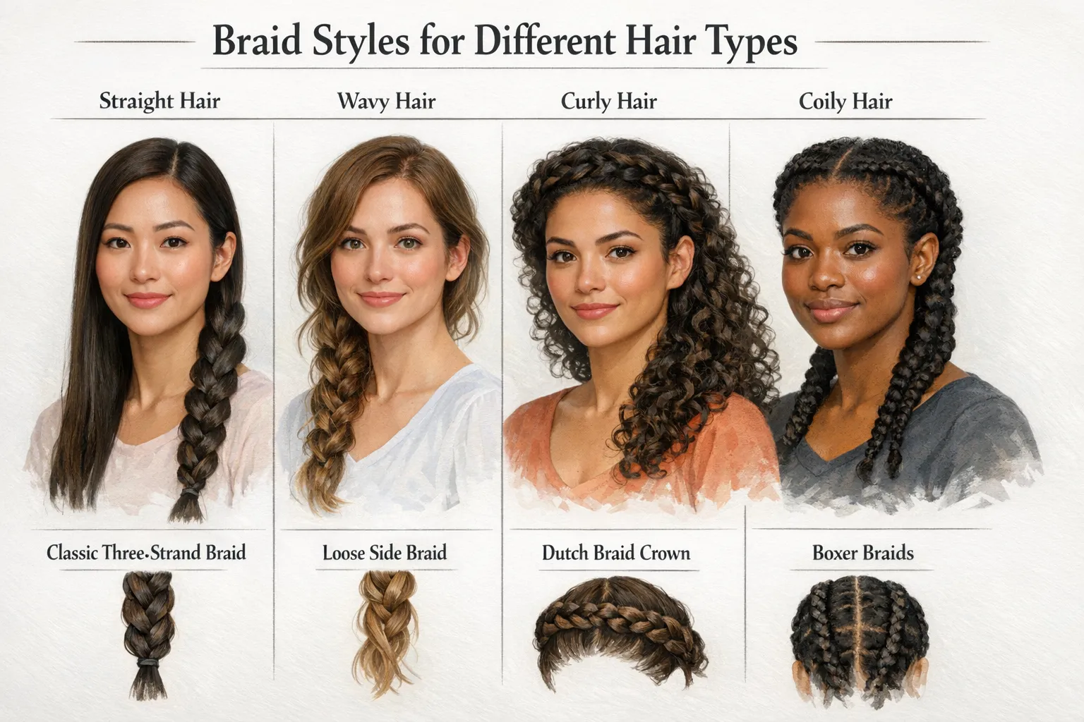 Side by side comparison of different hair types with suitable braid styles