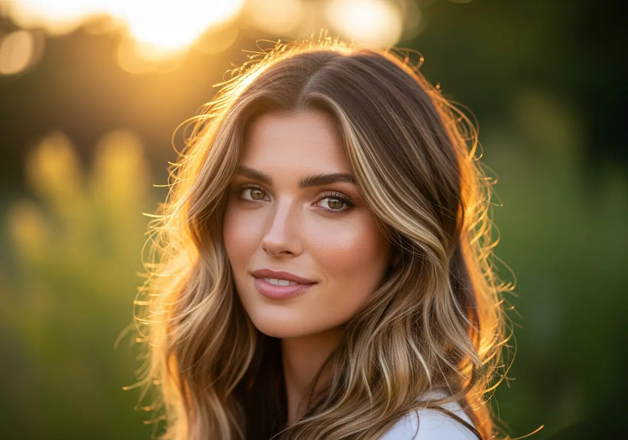 Soft portrait of a woman with honey blonde highlights