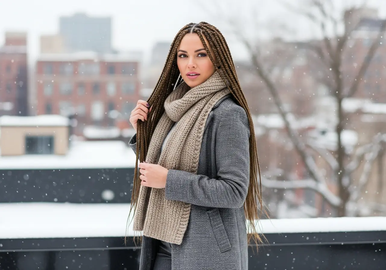 Woman with long beautiful box braids in winter urban setting, braids flowing naturally