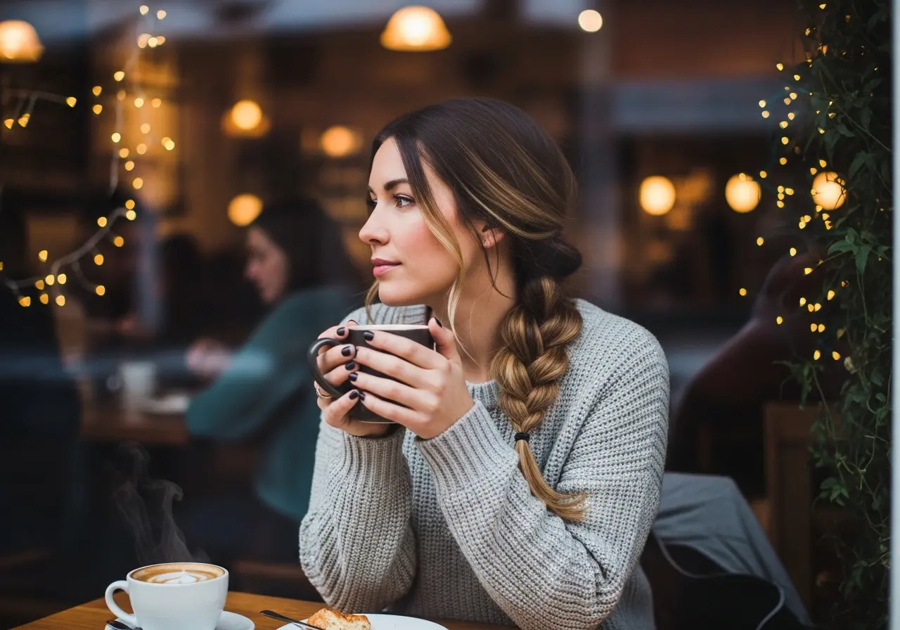 Woman with simple elegant rope twist braid, casual winter coffee shop setting