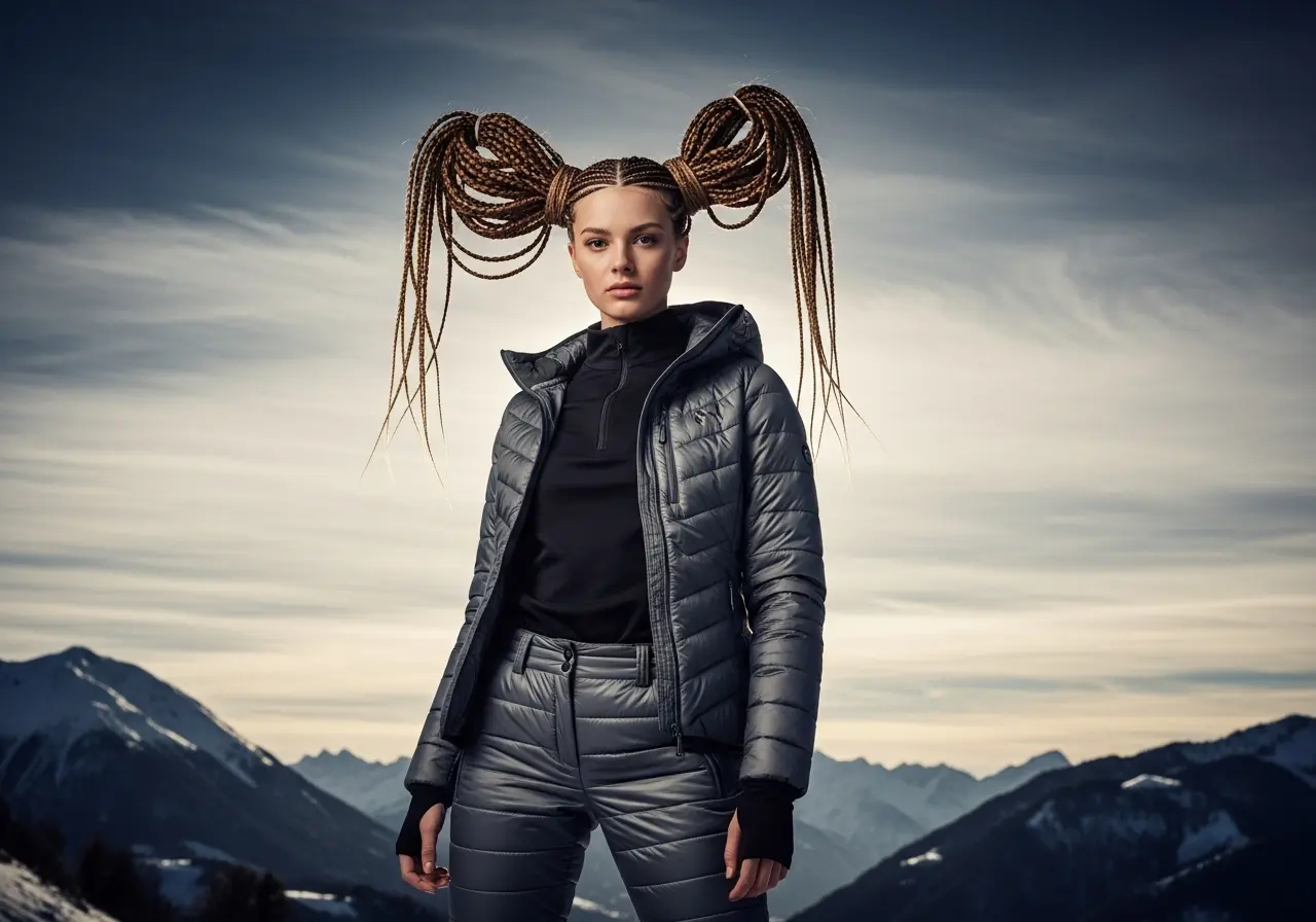 Young woman with raised Dutch braids in winter outdoor setting, braids prominently visible