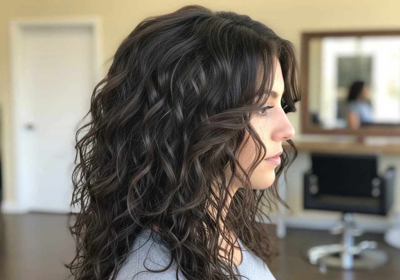 A woman with long layered curly hair