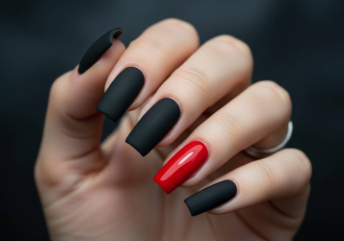 11. Matte Black with Red Accent Nails
Square Valentines Nails