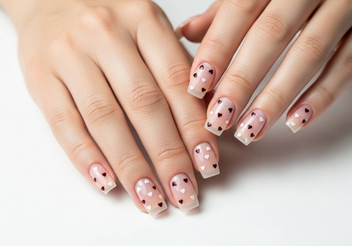 12. Clear Base with Scattered Micro Hearts
Square Valentines Nails