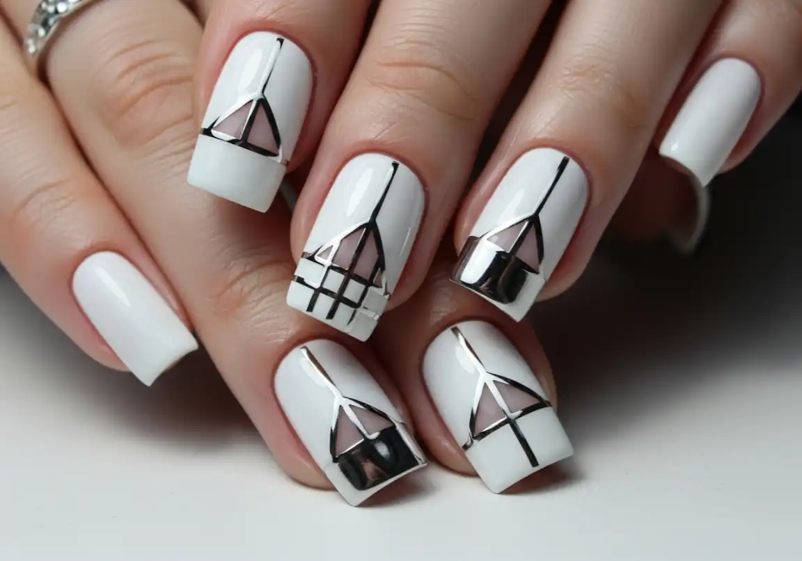 13 White Chrome with Geometric Patterns Chrome Nails Ideas