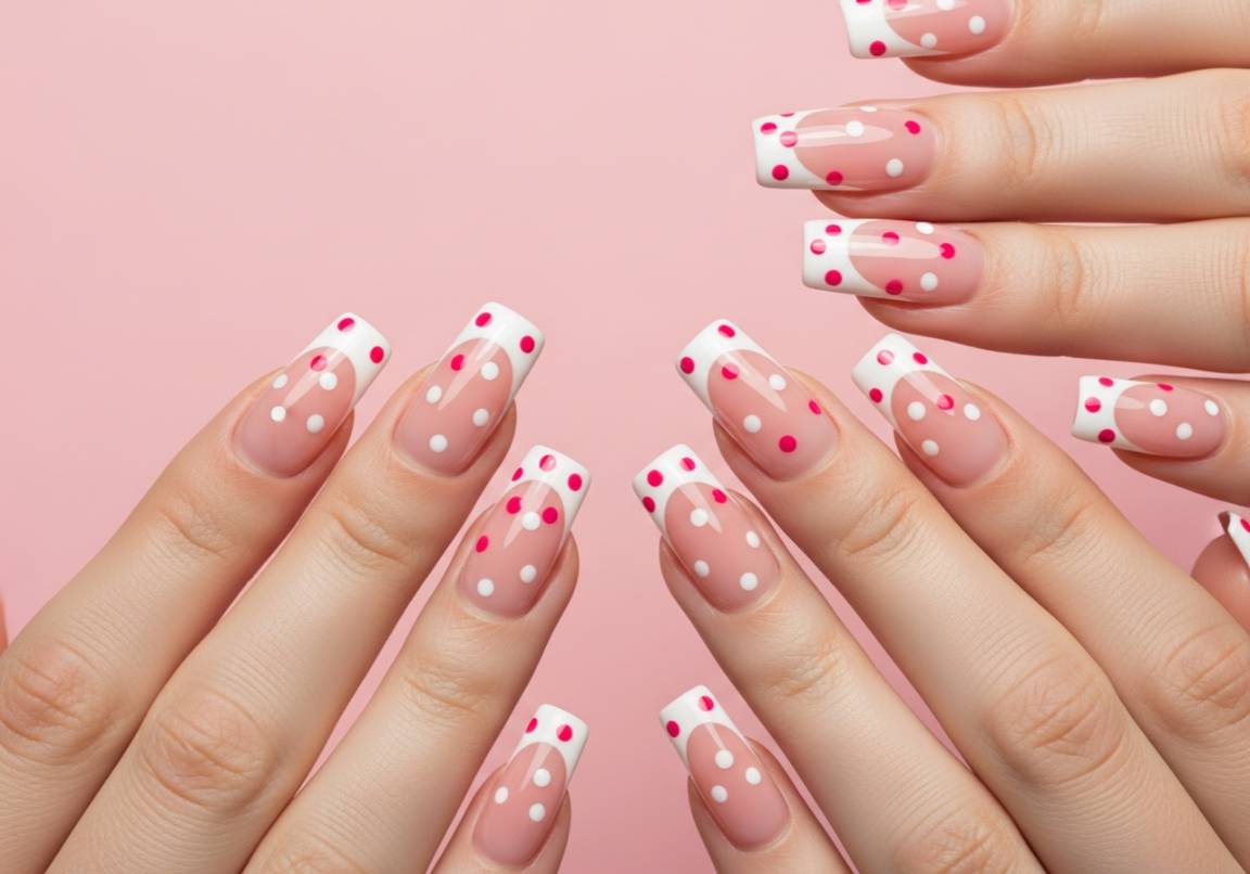 13. White French Tips with Pink Polka Dots
Square Valentines Nails