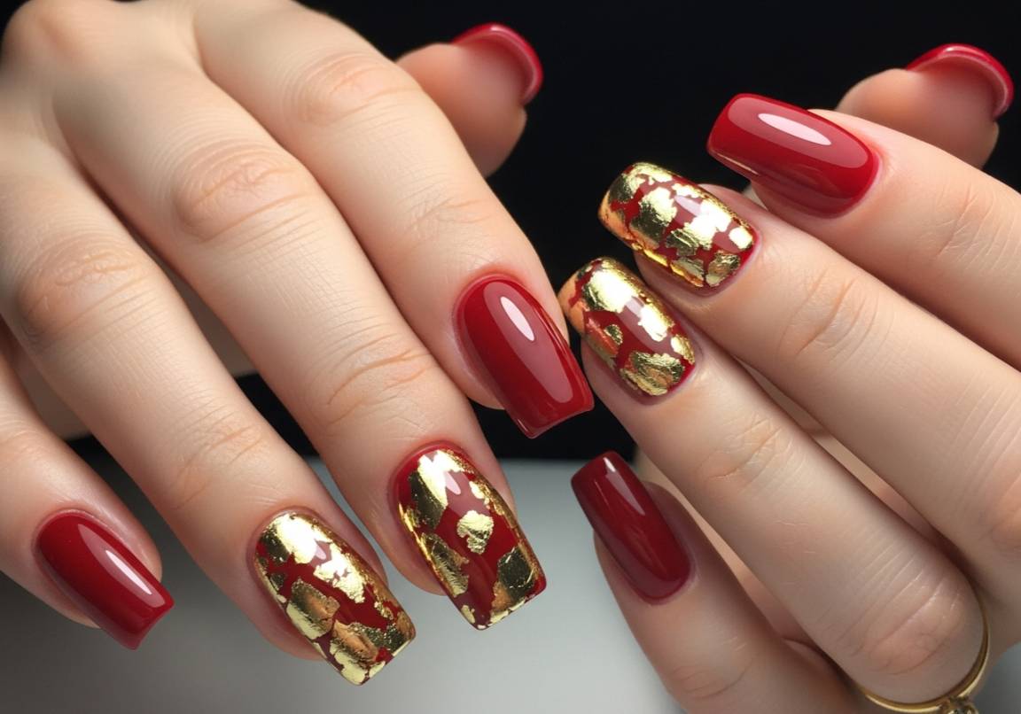 14. Glossy Red with Gold Foil Accents
Square Valentines Nails