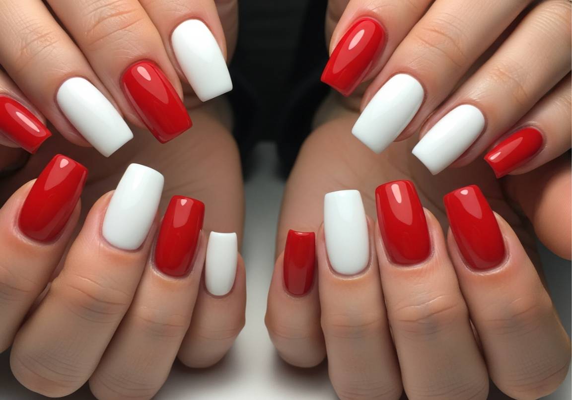 16. Alternating Red and White Nails
Square Valentines Nails