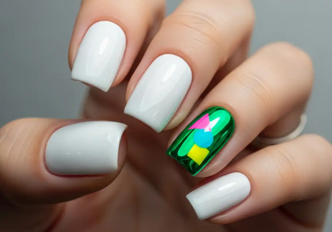 18 White Chrome with Color Pop Accents Chrome Nails Ideas