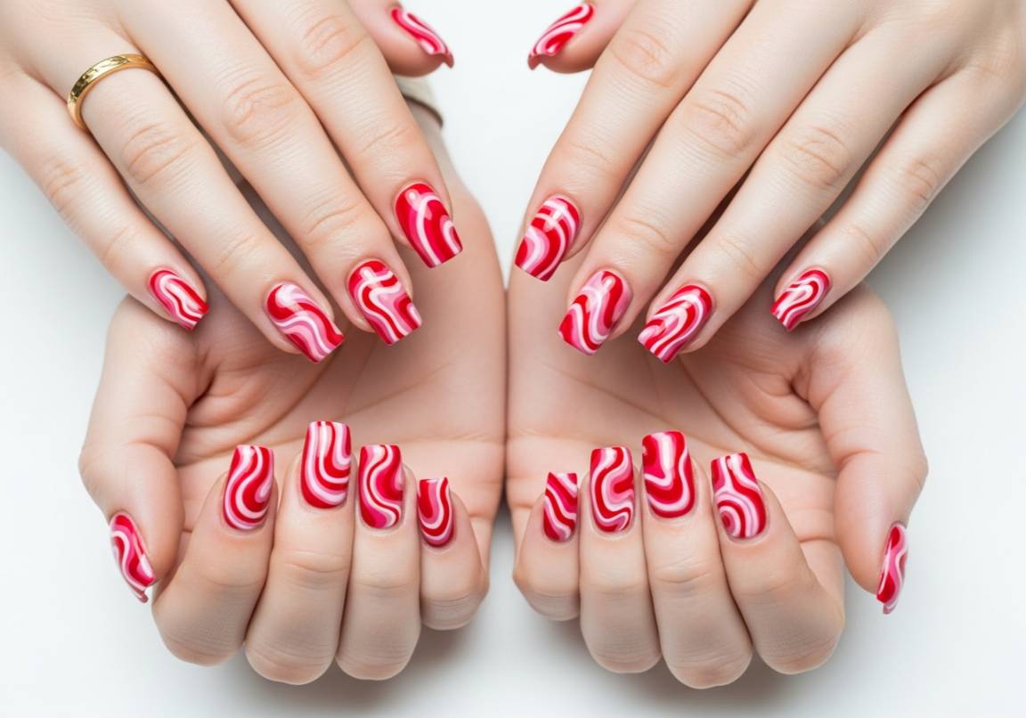 18. Abstract Swirls in Red and Pink
Square Valentines Nails