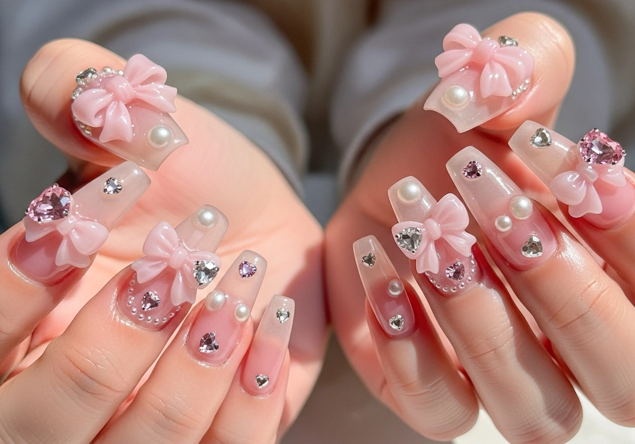 2. Milky Pink with 3D Elements
Pink Valentine Nails
