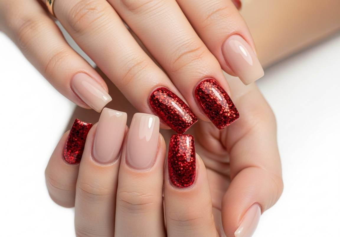 5. Glossy Nude Base with Red Glitter Accents
Square Valentines Nails