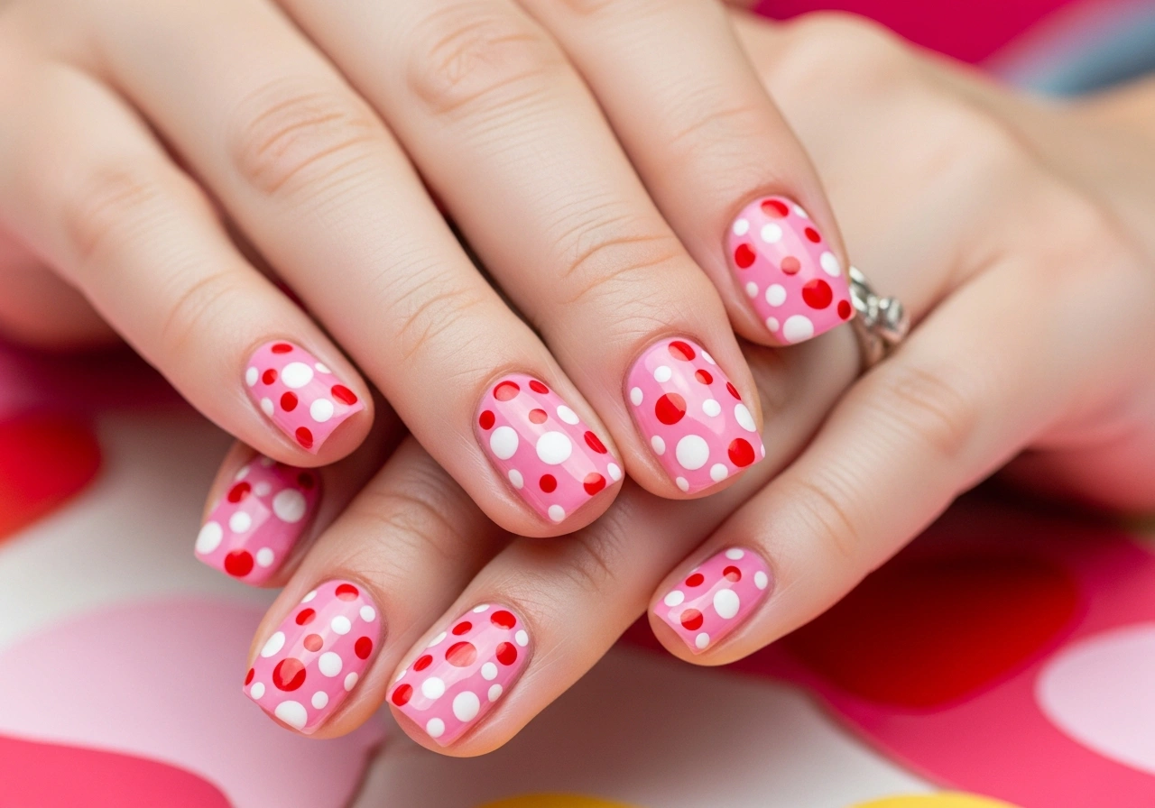 5. Polka Dot Playfulness
Pink Valentine Nails