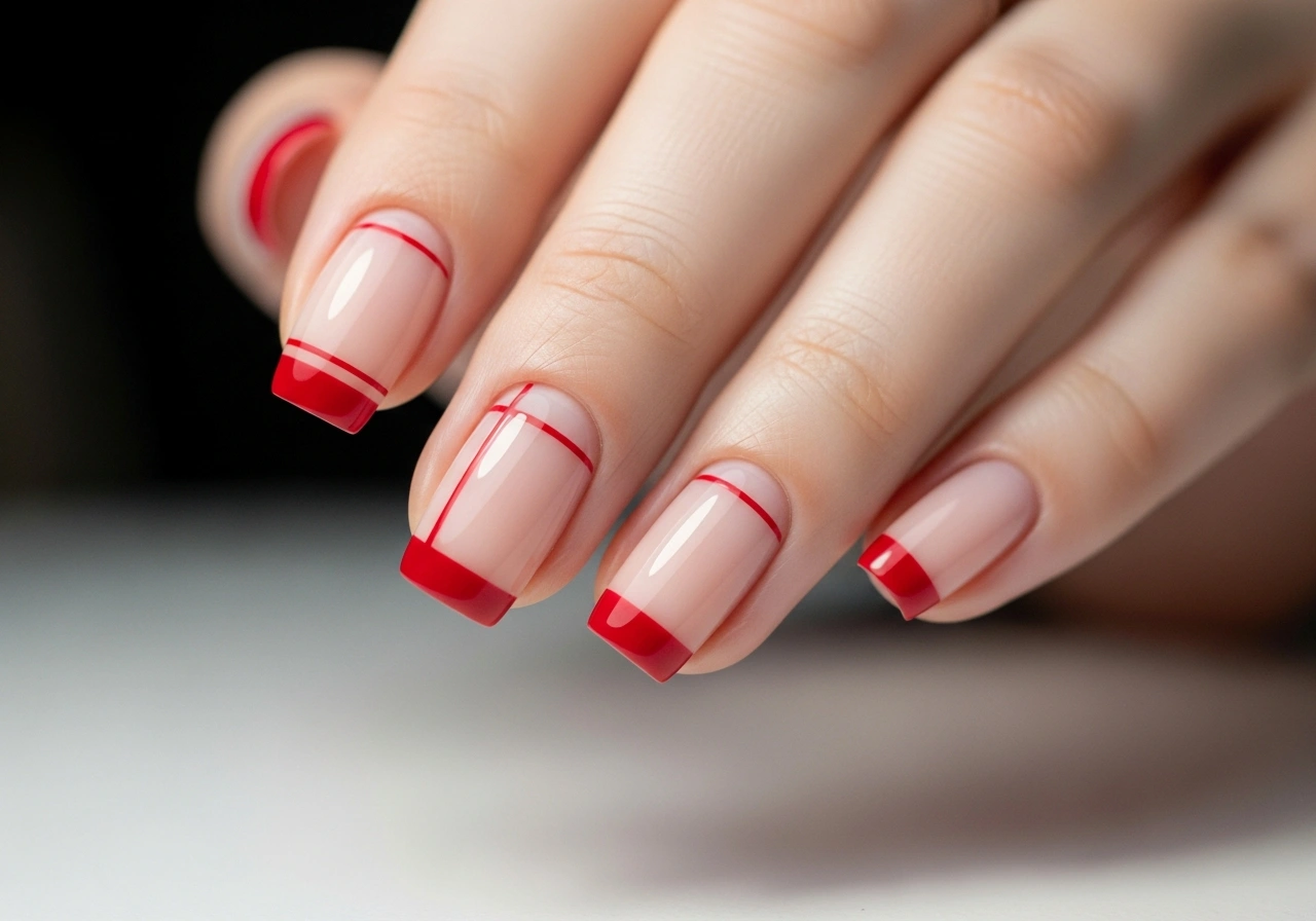 6: Thin Red Line Accent on Nude Nails
Simple Valentines Nails