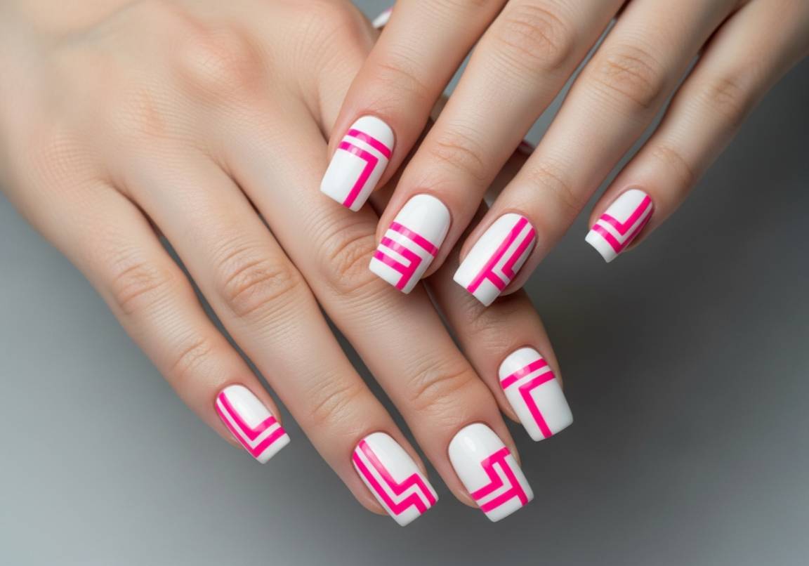 6. White Base with Bold Pink Stripes
Square Valentines Nails
