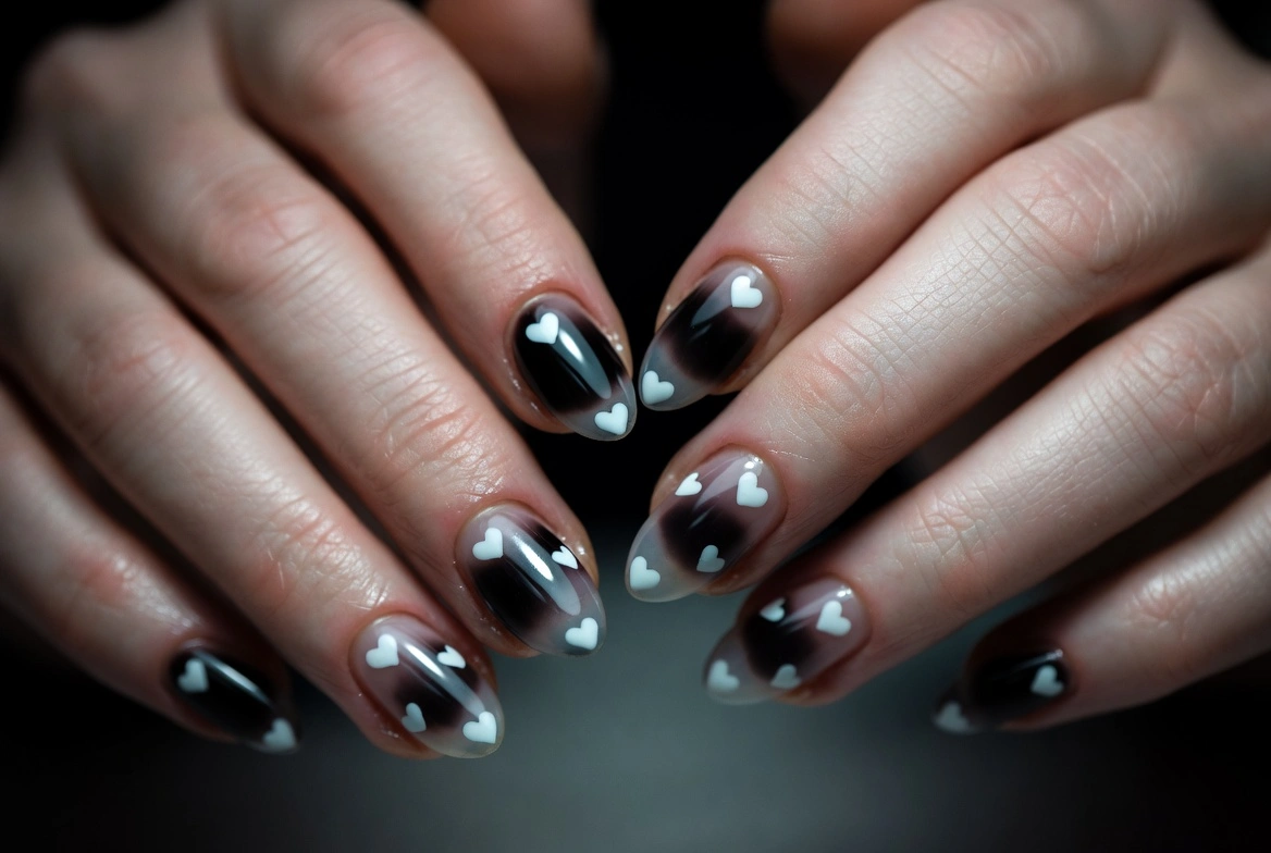 7: Sheer Black Nails with White Heart Details
Simple Valentines Nails
