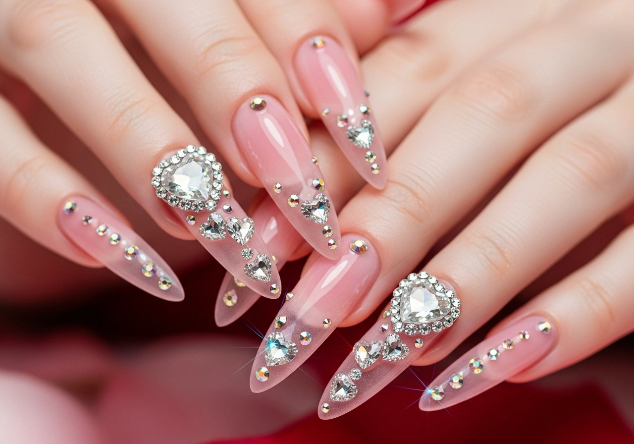 7. Sheer Pink with Rhinestone Hearts
Pink Valentine Nails