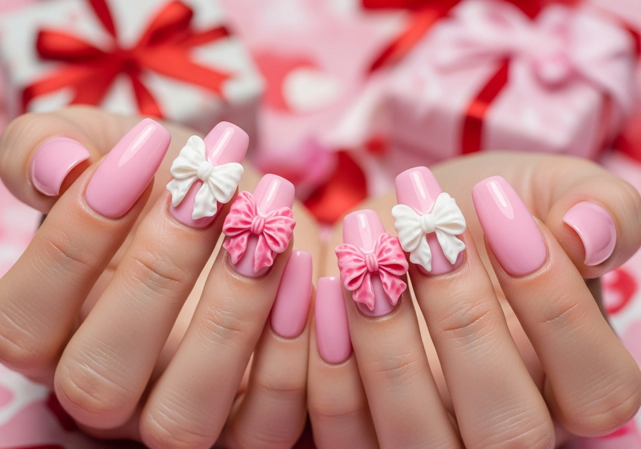 8. Bow Nail Art on Pink Bases
Pink Valentine Nails
