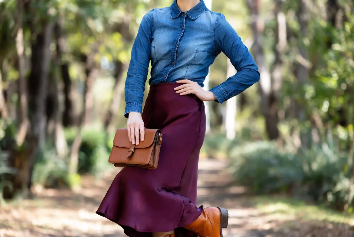 Chambray Shirt with Midi Skirt