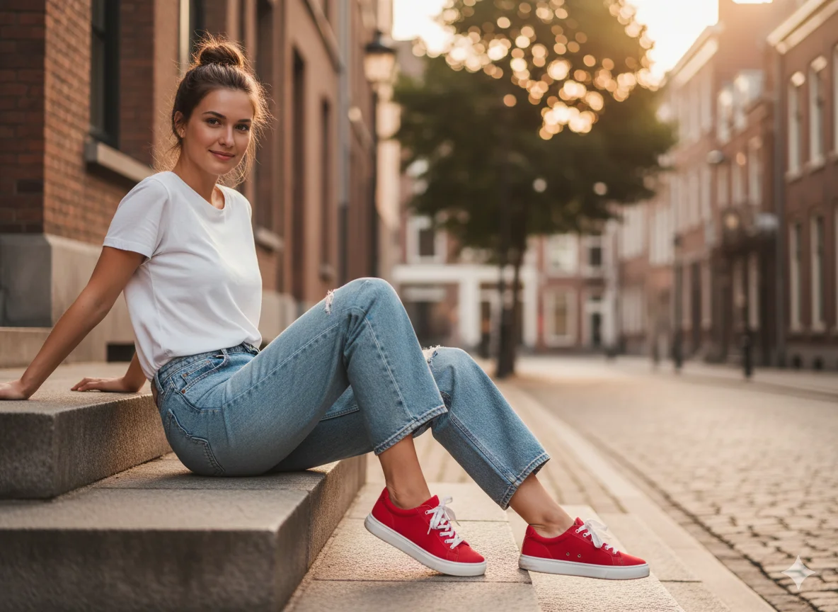 2. Denim Foundations Create Perfect Red Shoe Canvas