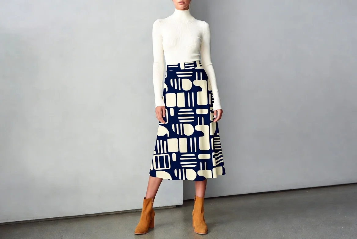 Printed Midi Skirt with Turtleneck