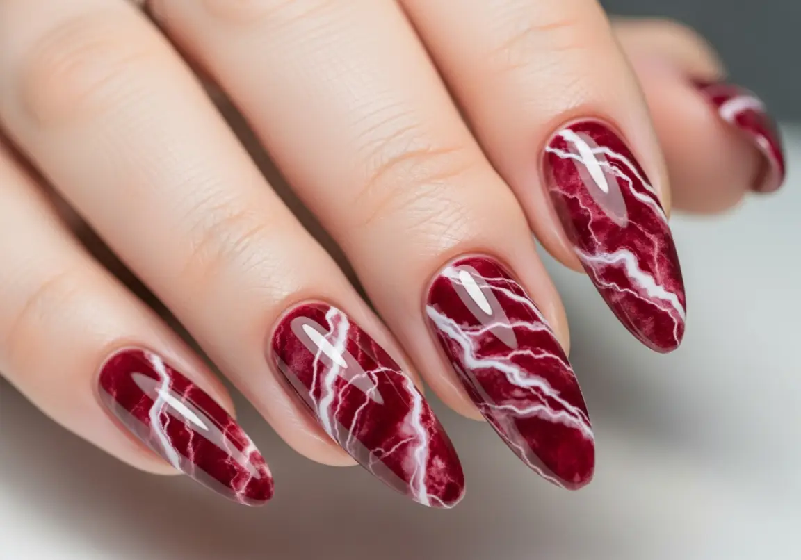 Red Marble Stone Effects Valentine Nails
