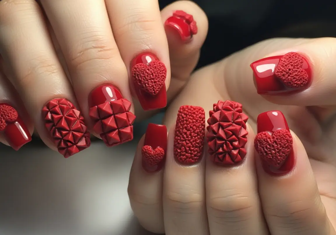 Red Textured 3D Applications Valentine Nails