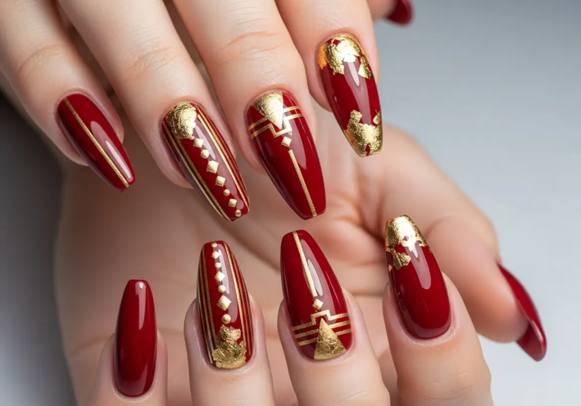 Red with Gold Metallic Details Valentine Nails