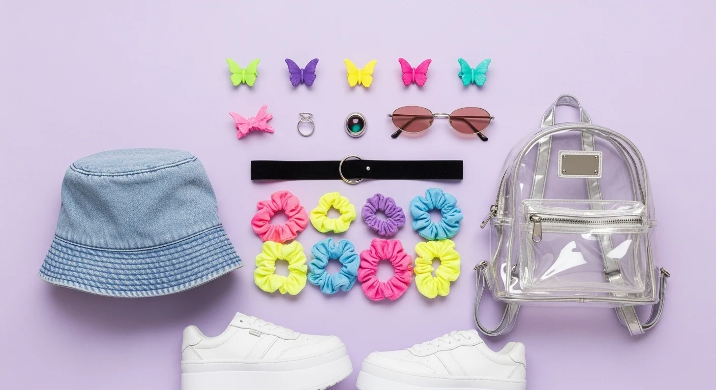 90s fashion accessories including choker scrunchie bucket hat and platform shoes