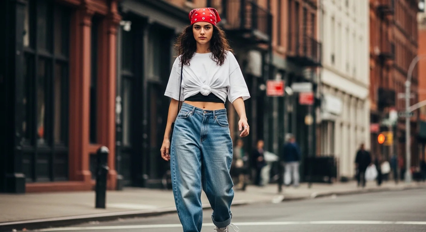 90s hip hop casual look with baggy jeans and oversized shirs 90s outfit