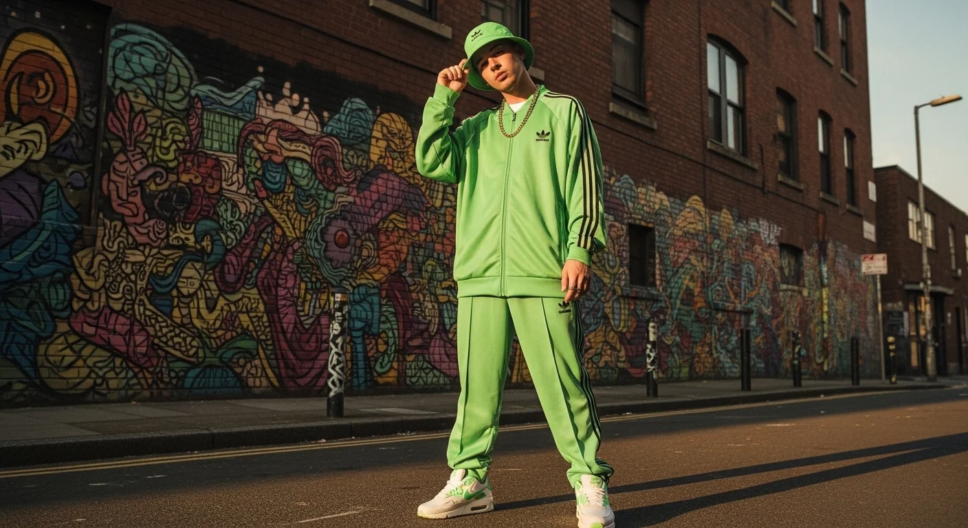 90s hip hop tracksuit outfit with gold chain and bucket hat 90s outfit