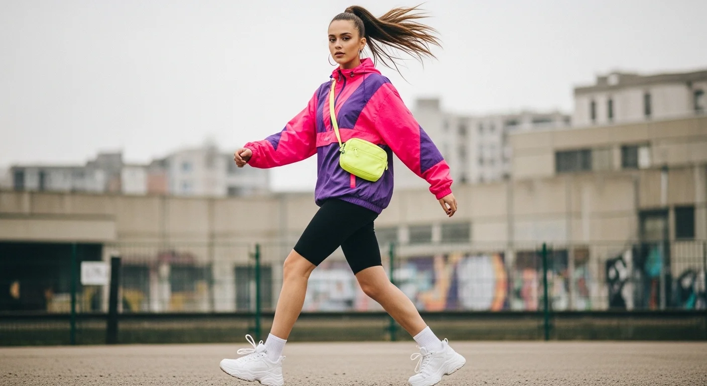 90s sporty windbreaker and bike shorts party outfit