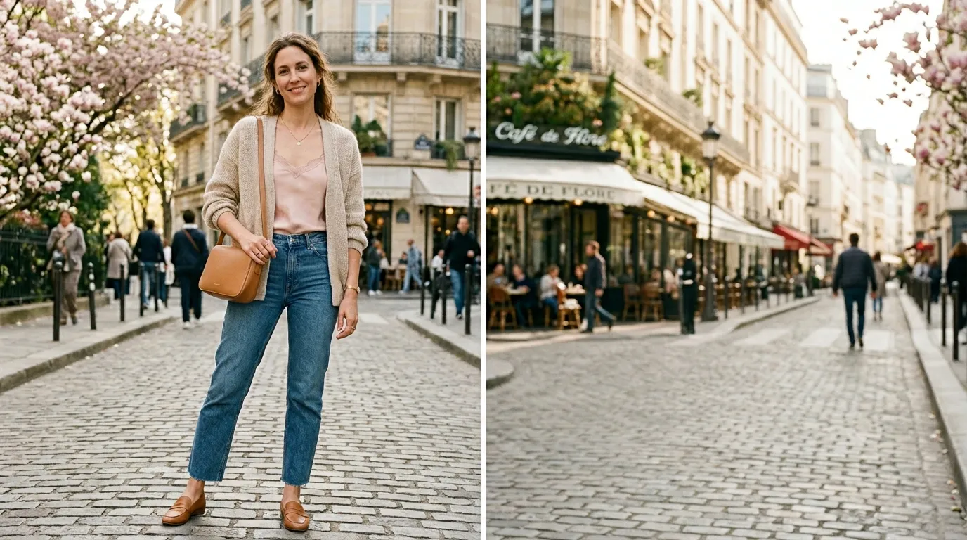 A Knit Cardigan Over a Silk Camisole