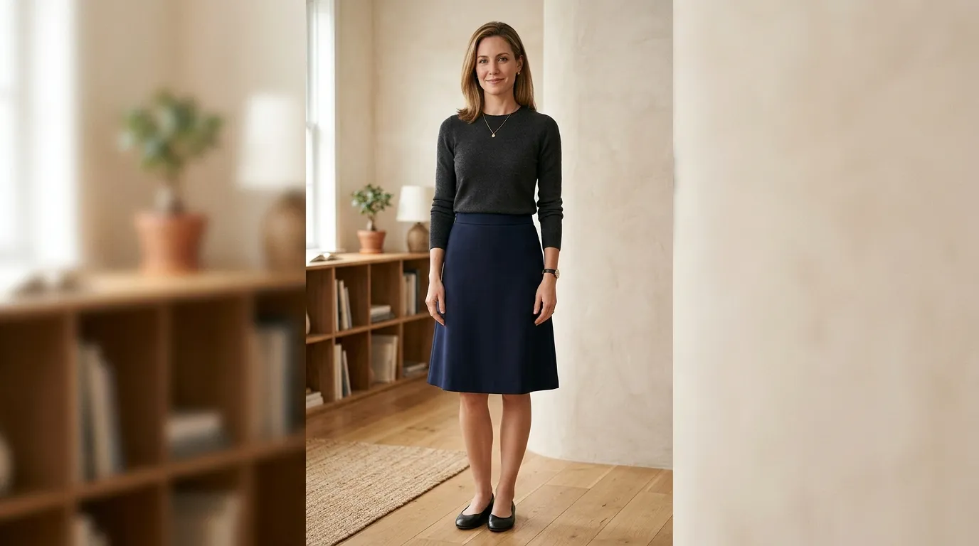 A Line Skirt with a Dark Sweater or Blouse