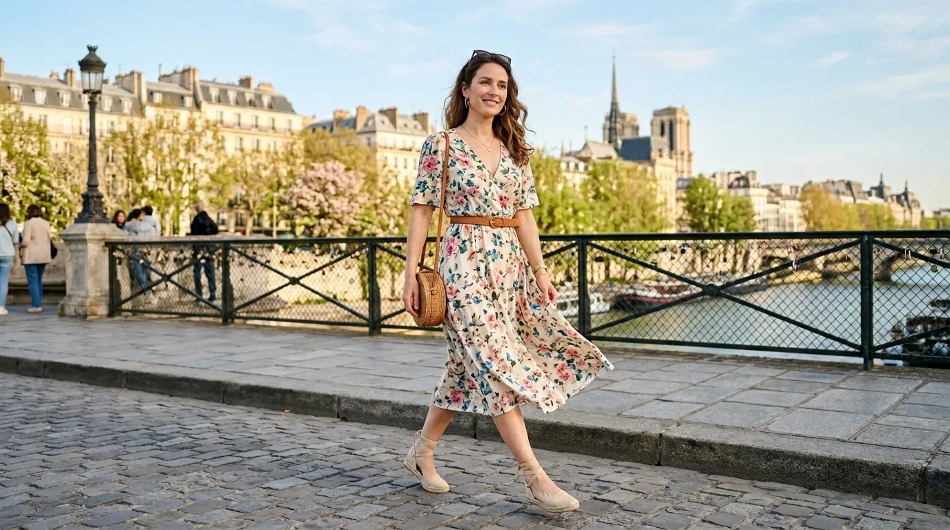 A Printed Dress Belted at the Waist