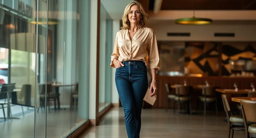 A chic woman in her 40s pairing a luxurious silk blouse with dark wash straight leg jean