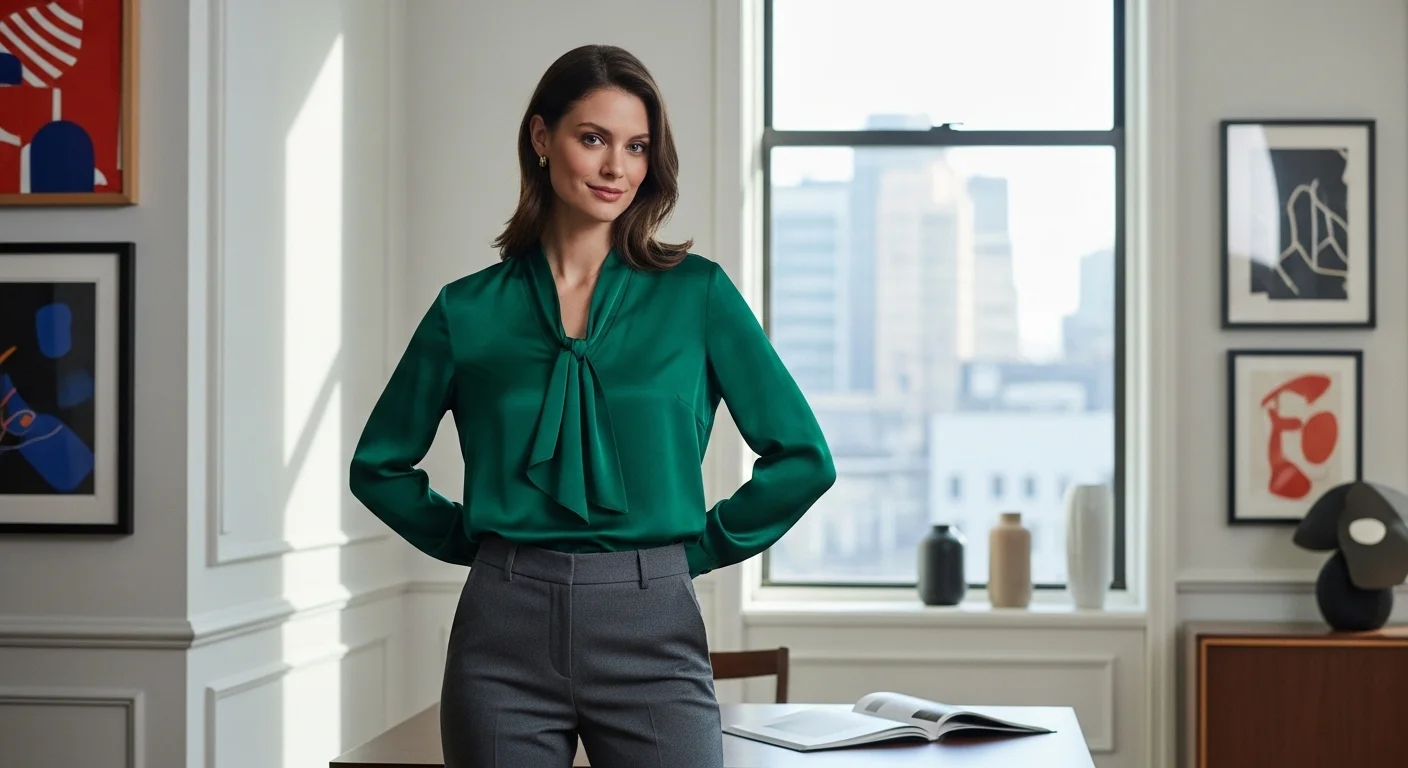 A confident professional woman in an emerald green silk blouse and charcoal trousers standing in a bright modern office