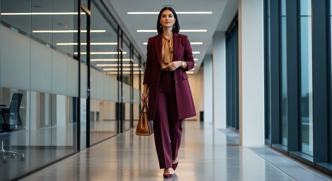 A confident professional woman walking through a corporate corridor wearing a signature cohesive burgundy and camel toned professional outfit