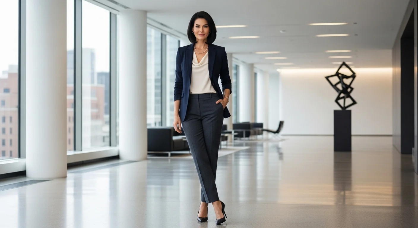 A confident woman over 40 wearing stylishly mixed suit separates in complementary colors