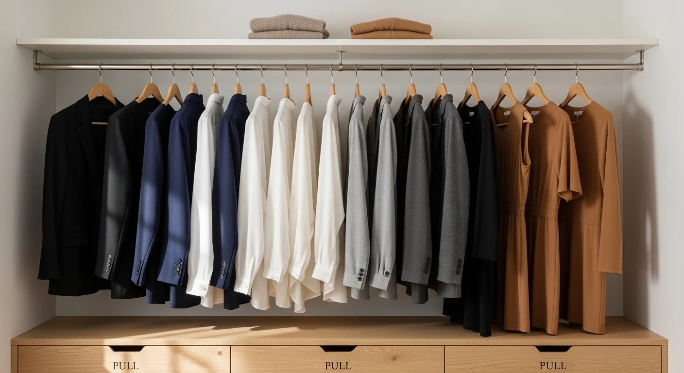 A minimalist capsule wardrobe organized by neutral colors including black, navy, white, and gray professional clothing pieces