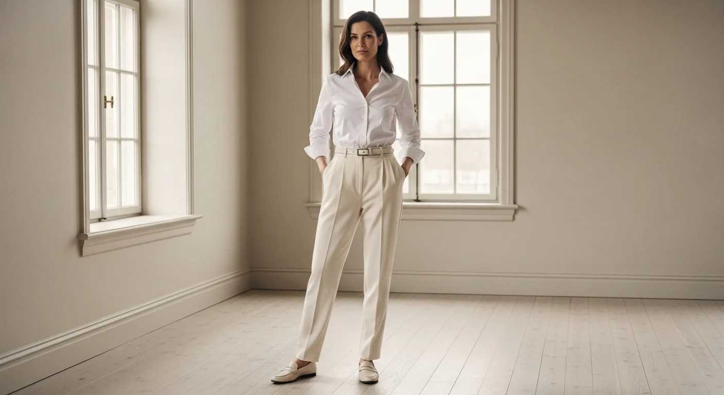 A polished woman over 40 styling a crisp white button down shirt with tailored trousers