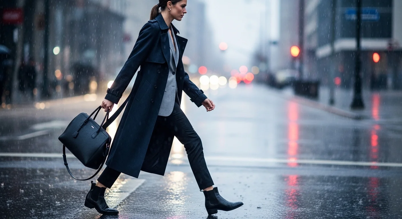 A professional woman in a navy trench coat blazer and Chelsea boots commuting to work in the rain